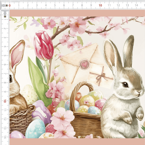 Tecido Tricoline Digital Barrado Coelhos Cestas de Ovos Páscoa 9050v358