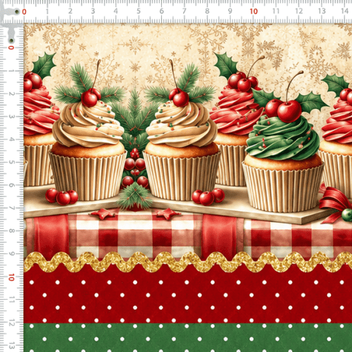 Tecido Tricoline Digital Barrado Estampado Cupcake de Natal A5427