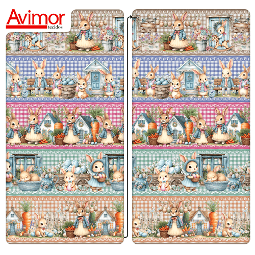 Tecido Tricoline Digital Barrado Família de Coelhos 9100E15757 Tecido Tricoline Digital Barrado Família de Coelhos 9100E15757