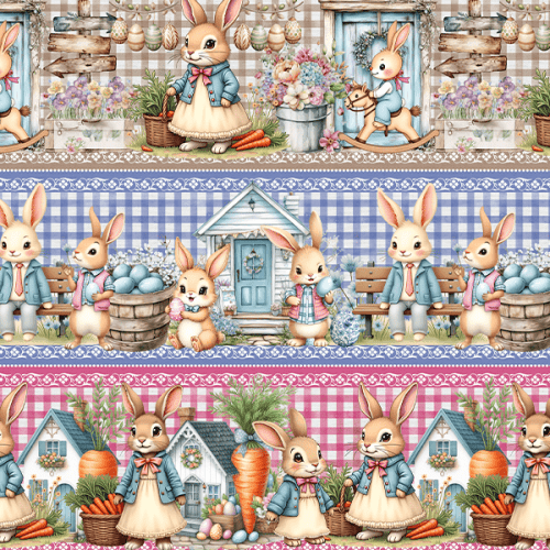 Tecido Tricoline Digital Barrado Família de Coelhos 9100E15757