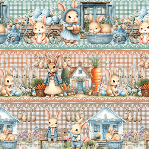 Tecido Tricoline Digital Barrado Família de Coelhos 9100E15757