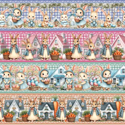 Tecido Tricoline Digital Barrado Família de Coelhos 9100E15757