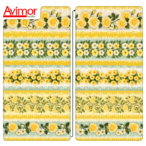 Tecido Tricoline Digital Barrado Floral Jardim Amarelo A9855v03