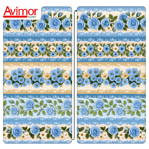Tecido Tricoline Digital Barrado Floral Jardim Azul A9855v02