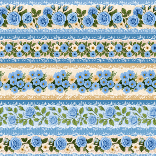 Tecido Tricoline Digital Barrado Floral Jardim Azul A9855v02