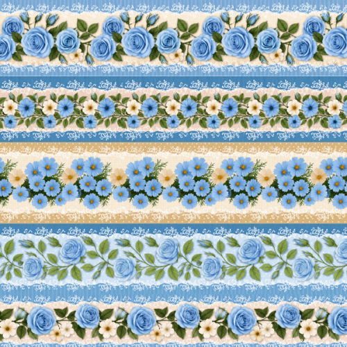 Tecido Tricoline Digital Barrado Floral Jardim Azul A9855v02