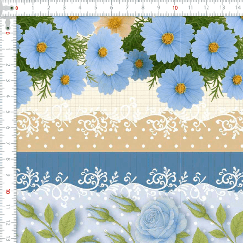 Tecido Tricoline Digital Barrado Floral Jardim Azul A9855v02