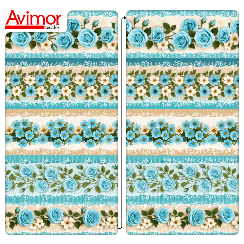 Tecido Tricoline Digital Barrado Floral Jardim Azul Claro A9855v04