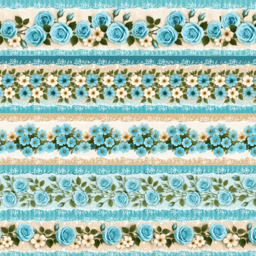 Tecido Tricoline Digital Barrado Floral Jardim Azul Claro A9855v04