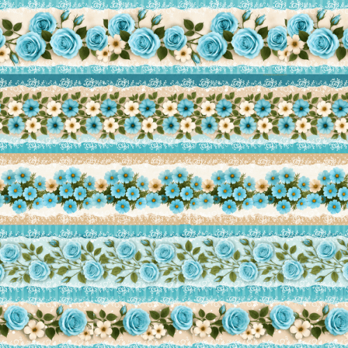 Tecido Tricoline Digital Barrado Floral Jardim Azul Claro A9855v04