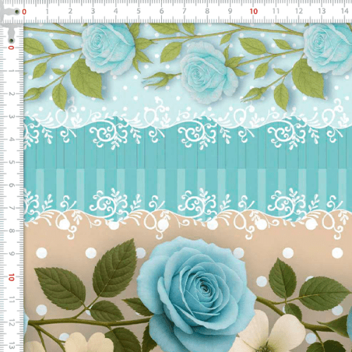 Tecido Tricoline Digital Barrado Floral Jardim Azul Claro A9855v04