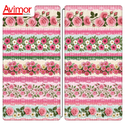 Tecido Tricoline Digital Barrado Floral Jardim Rosa A9855v01