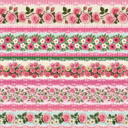 Tecido Tricoline Digital Barrado Floral Jardim Rosa A9855v01