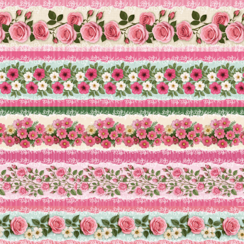 Tecido Tricoline Digital Barrado Floral Jardim Rosa A9855v01