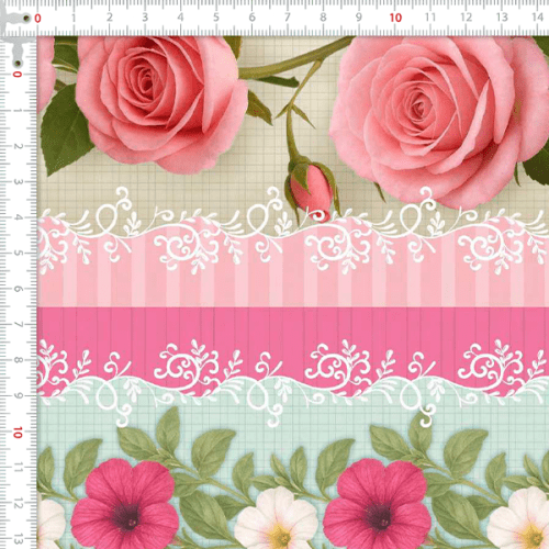 Tecido Tricoline Digital Barrado Floral Jardim Rosa A9855v01