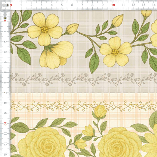 Tecido Tricoline Digital Barrado Floral Xadrez Amarelo A9848v03