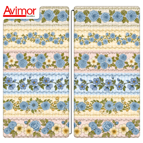 Tecido Tricoline Digital Barrado Floral Xadrez Azul A9848v02