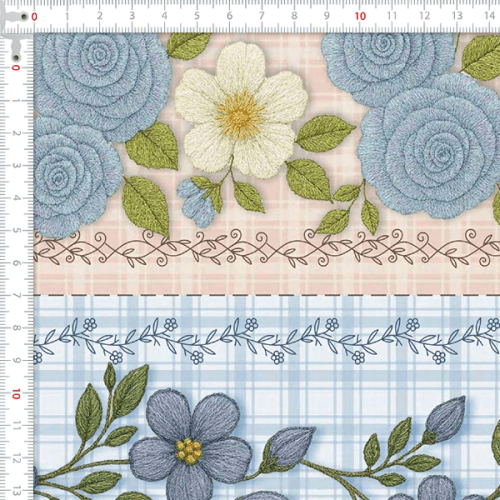 Tecido Tricoline Digital Barrado Floral Xadrez Azul A9848v02