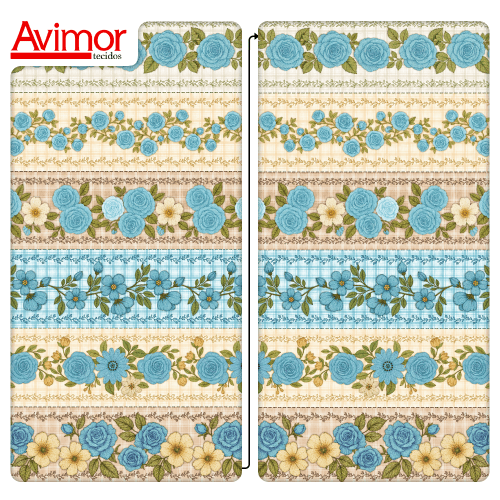 Tecido Tricoline Digital Barrado Floral Xadrez Azul Claro A9848v04