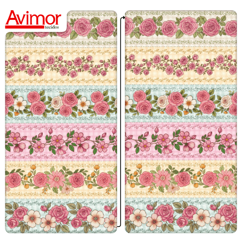 Tecido Tricoline Digital Barrado Floral Xadrez Rosa A9848v01
