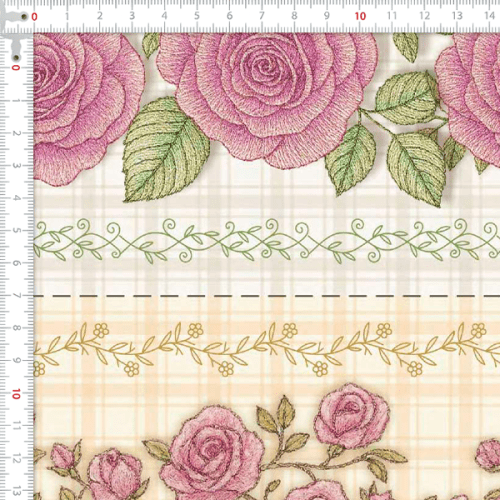 Tecido Tricoline Digital Barrado Floral Xadrez Rosa A9848v01