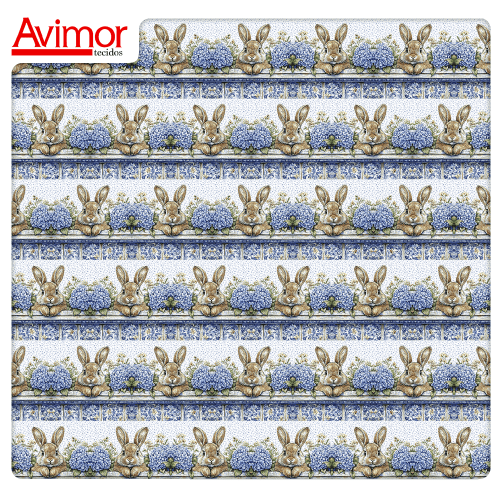 Tecido Tricoline Digital Barrado Flores Coelhos Páscoa 9050v373 Tecido Tricoline Digital Barrado Flores Coelhos Páscoa 9050v373