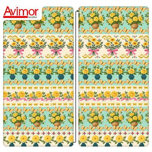 Tecido Tricoline Digital Barrado Jardim de Rosas Amarelo A9854v03 Tecido Tricoline Digital Barrado Jardim de Rosas Amarelo A9854v03
