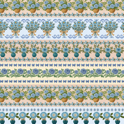 Tecido Tricoline Digital Barrado Jardim de Rosas Azul A9854v02