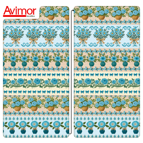 Tecido Tricoline Digital Barrado Jardim de Rosas Azul Claro A9854v04 Tecido Tricoline Digital Barrado Jardim de Rosas Azul Claro A9854v04