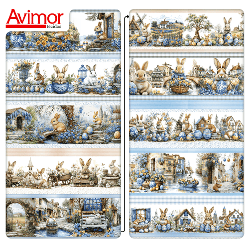 Tecido Tricoline Digital Barrado Vila Coelhos Ovos Páscoa 9050v370