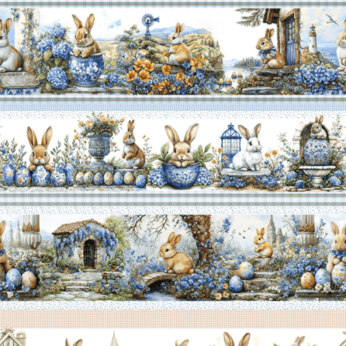 Tecido Tricoline Digital Barrado Vila Coelhos Ovos Páscoa 9050v370