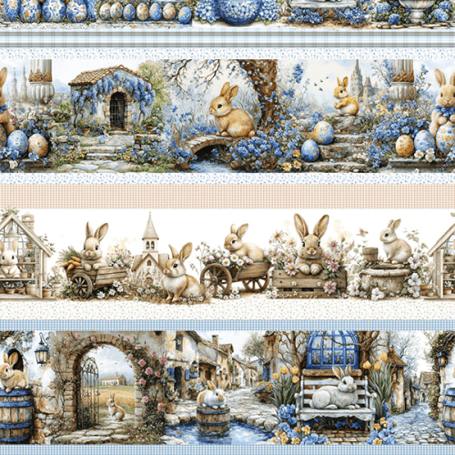 Tecido Tricoline Digital Barrado Vila Coelhos Ovos Páscoa 9050v370