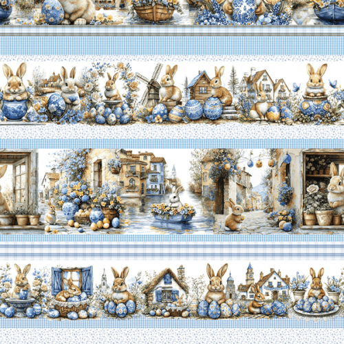 Tecido Tricoline Digital Barrado Vila Coelhos Ovos Páscoa 9050v370