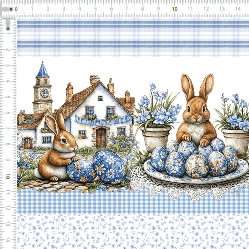 Tecido Tricoline Digital Barrado Vila Coelhos Ovos Páscoa 9050v370
