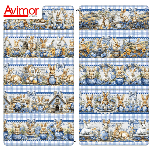 Tecido Tricoline Digital Barrado Vila dos Coelhinhos da Páscoa 9100E15754 Tecido Tricoline Digital Barrado Vila dos Coelhinhos da Páscoa 9100E15754