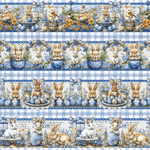 Tecido Tricoline Digital Barrado Vila dos Coelhinhos da Páscoa 9100E15754