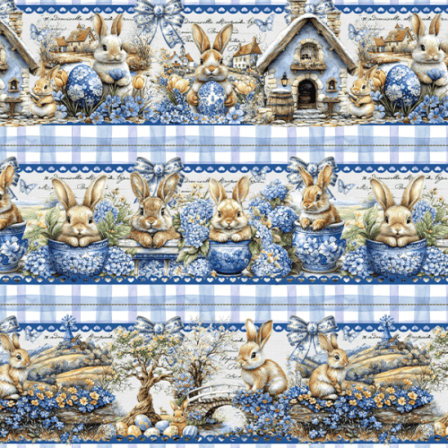 Tecido Tricoline Digital Barrado Vila dos Coelhinhos da Páscoa 9100E15754