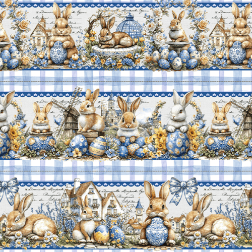 Tecido Tricoline Digital Barrado Vila dos Coelhinhos da Páscoa 9100E15754