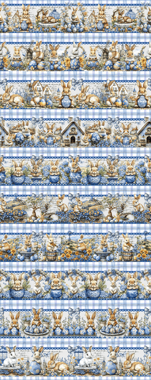 Tecido Tricoline Digital Barrado Vila dos Coelhinhos da Páscoa 9100E15754