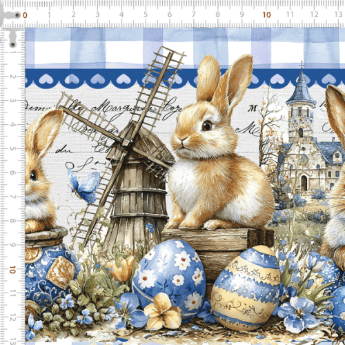 Tecido Tricoline Digital Barrado Vila dos Coelhinhos da Páscoa 9100E15754