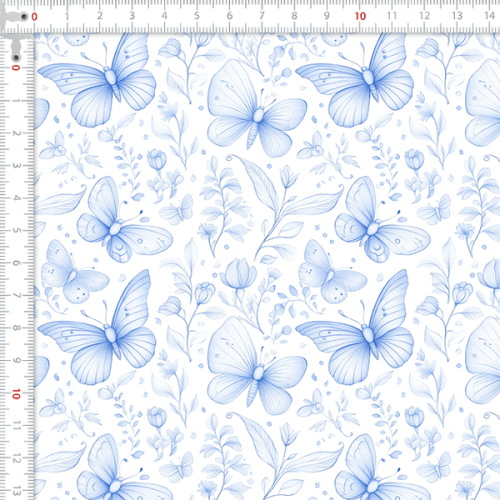 Tecido Tricoline Digital Borboletas Floral Azul 9100E15928