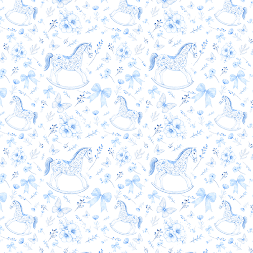 Tecido Tricoline Digital Cavalinho Laços Floral Azul 9100E15915