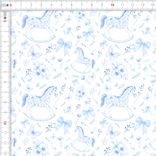 Tecido Tricoline Digital Cavalinho Laços Floral Azul 9100E15915