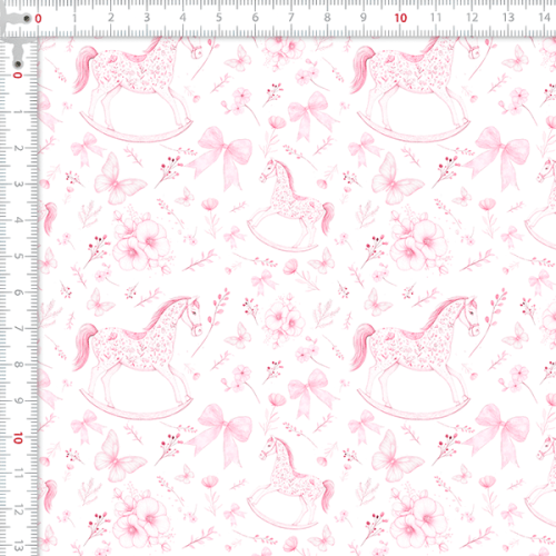 Tecido Tricoline Digital Cavalinho Laços Floral Rosa 9100E15916
