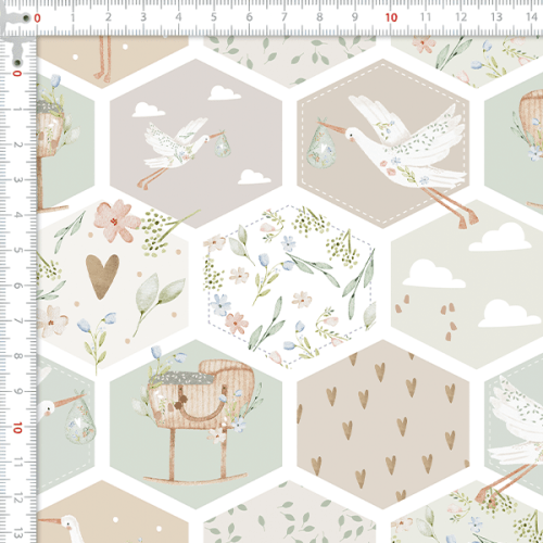 Tecido Tricoline Digital Cegonha Floral Hexágono 9100E16022