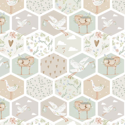 Tecido Tricoline Digital Cegonha Floral Hexágono 9100E16022