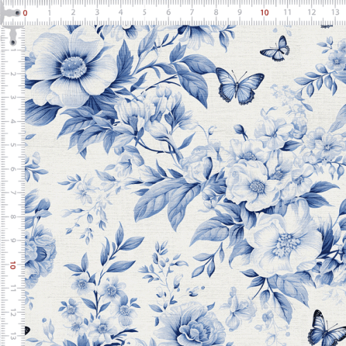 Tecido Tricoline Digital Efeito 3D Floral Azul com Borboletas 9100E15627