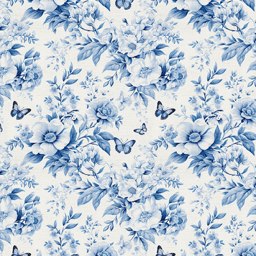 Tecido Tricoline Digital Efeito 3D Floral Azul com Borboletas 9100E15627
