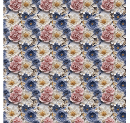 Tecido Tricoline Digital Estampado 3D Floral Clássico Rosa e Azul 9100E11561