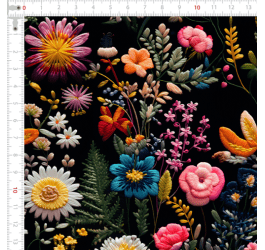 Tecido Tricoline Digital Estampado 3D Floral Multicolorido Fundo Preto 9100E11560